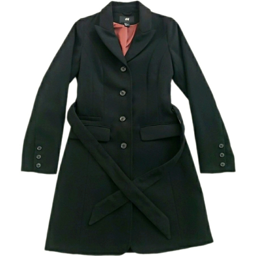 H&M Single Breasted Button Down Tie Belt Coat Sz 4